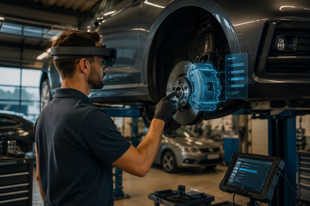 Kfz-Techniker mit AR-Brille bei der Fahrzeugdiagnose in einer modernen Automobilwerkstatt in Deutschland