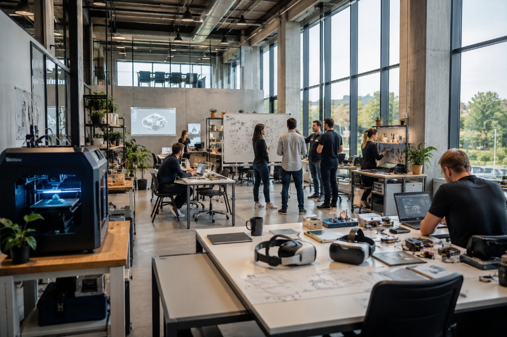 Innovationslabor mit 3D-Druck, VR-Brillen und kollaborativem Prototyping in einem modernen Technologiezentrum