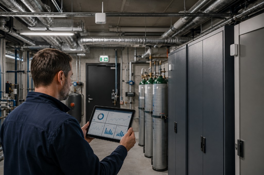 Facility Manager überwacht Gebäudetechnik per Tablet mit LoRaWAN-Sensoren in einem deutschen Industriegebäude