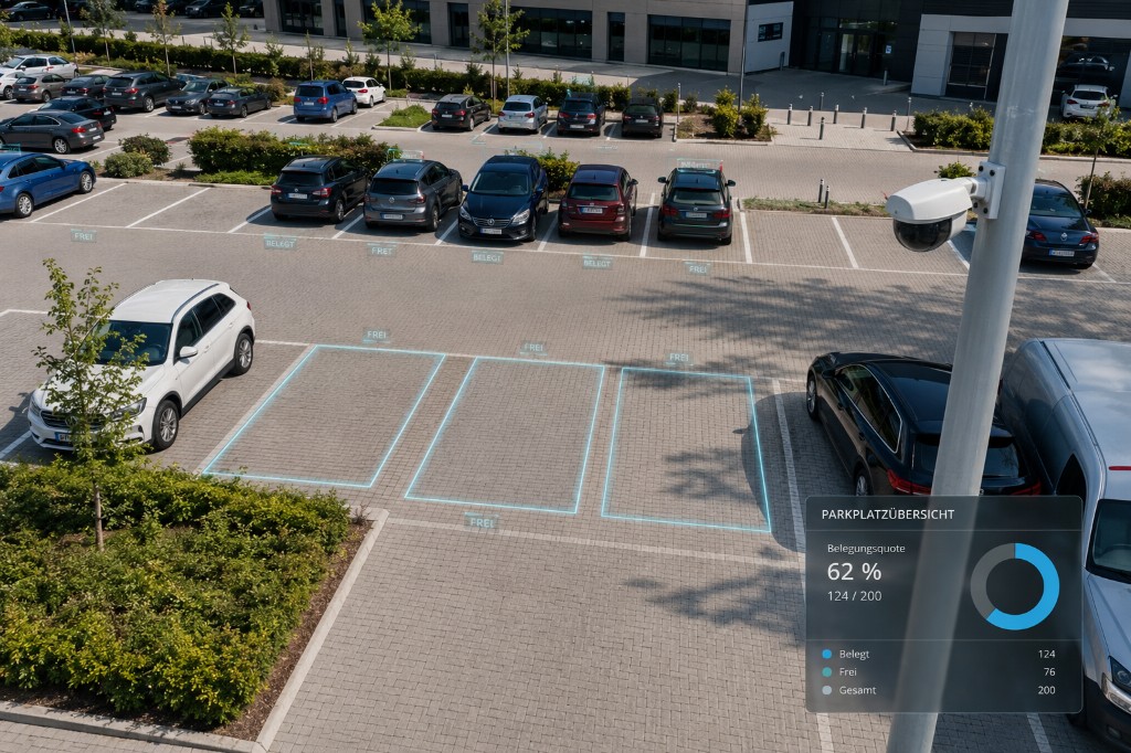 Smart-Parking-System mit KI-Kamera und Echtzeit-Parkplatzbelegung auf einem deutschen Unternehmensgelände